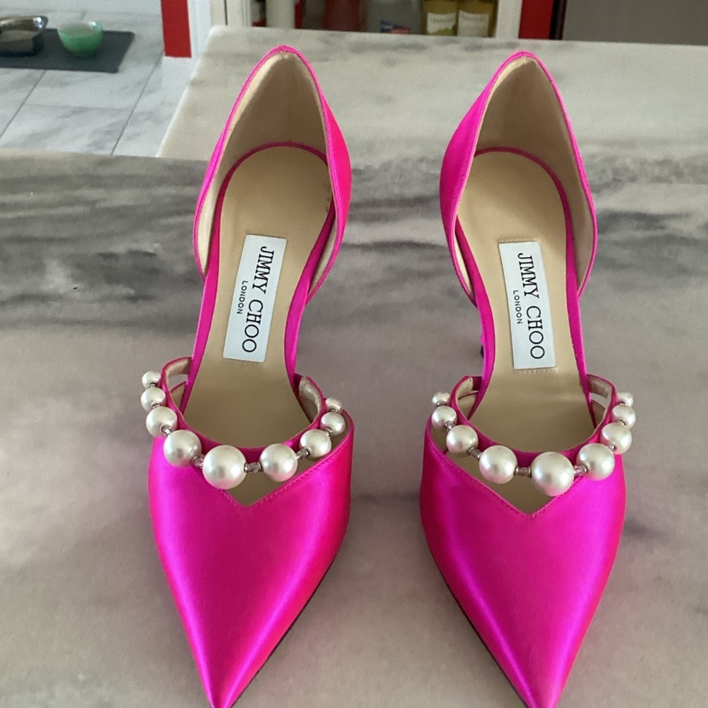 Jimmy Choo Fuchsia Satin Heels with Pearl Accents